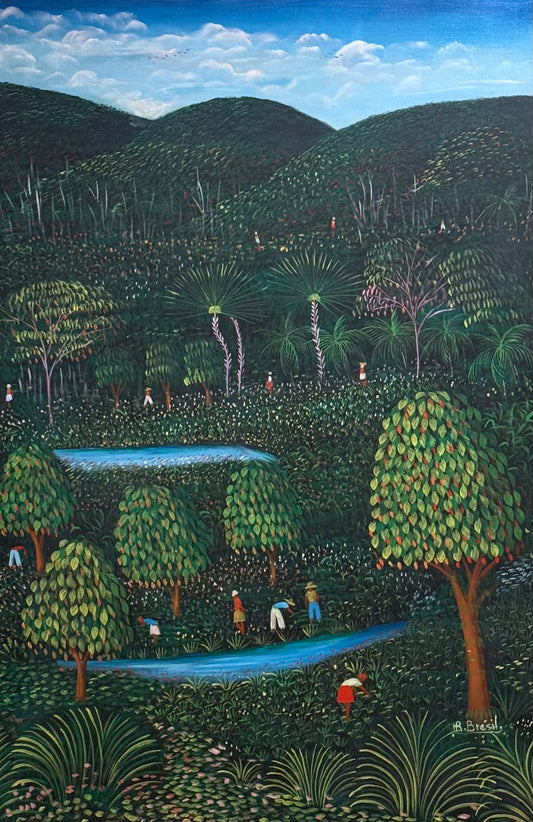 Henri-Robert Bresil (1952-1999) 36"x24" In the Fields 1980 Oil on Canvas Unframed Painting-Collector's Item #1MFN