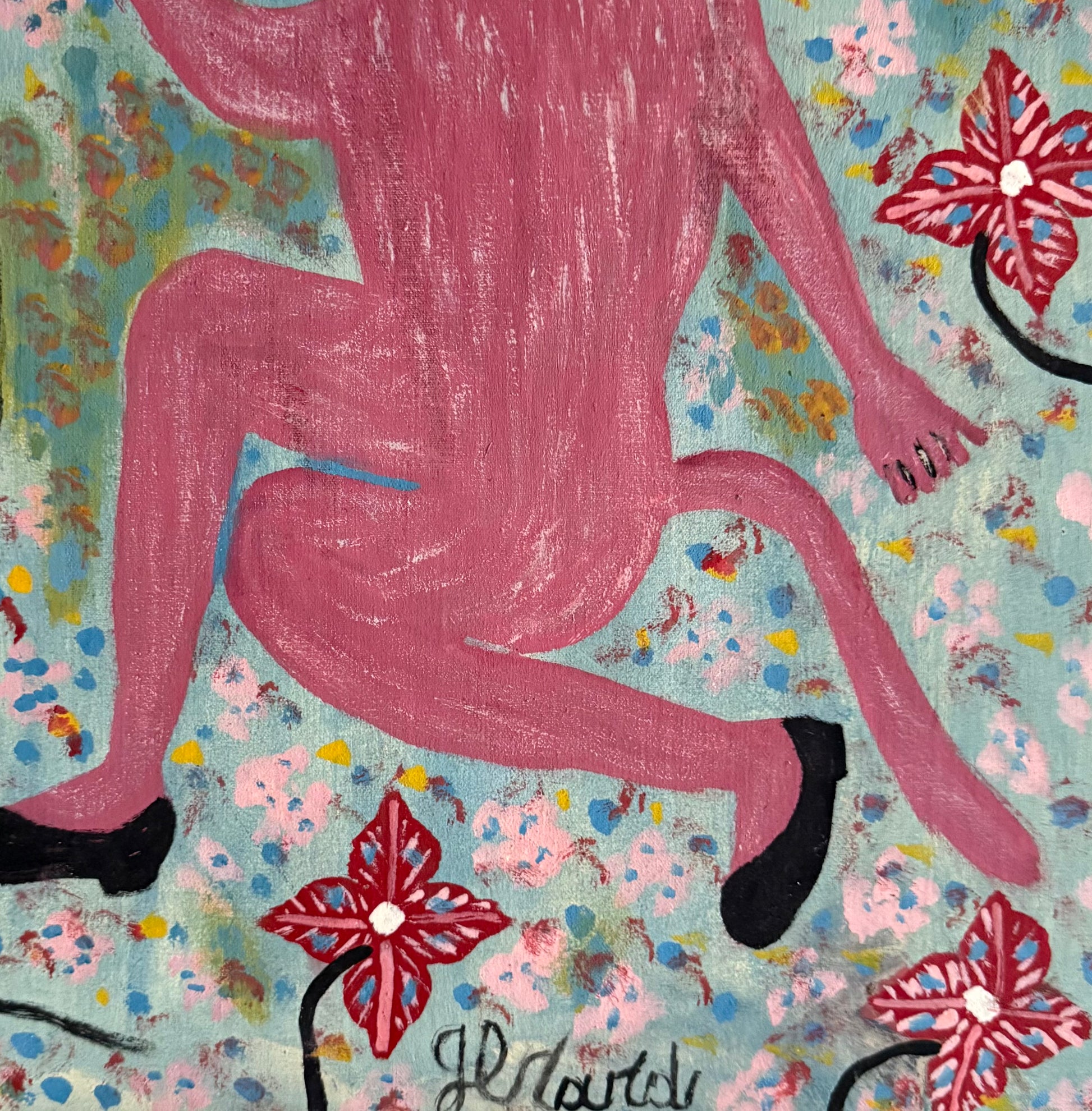 Artistic depiction of a pink figure with floral elements on a colorful background