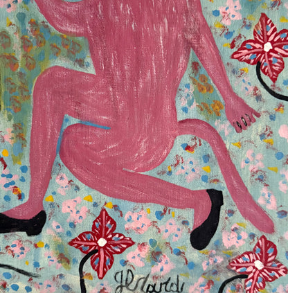 Artistic depiction of a pink figure with floral elements on a colorful background
