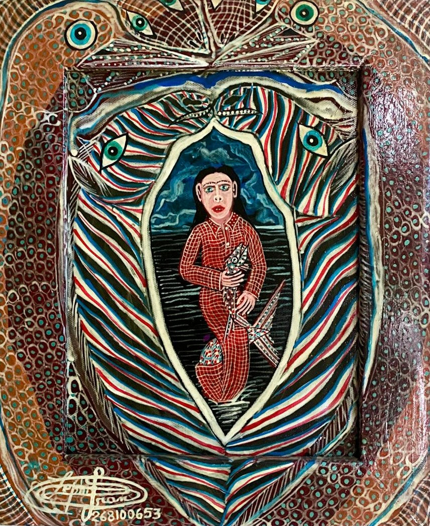 Frantz Zephirin  10"x12  Offrande a Agwe Tawoyo par la Sirene 2023 Oil on Canvas Painting Hand-Painted Encrusted Frame #17JN-HA