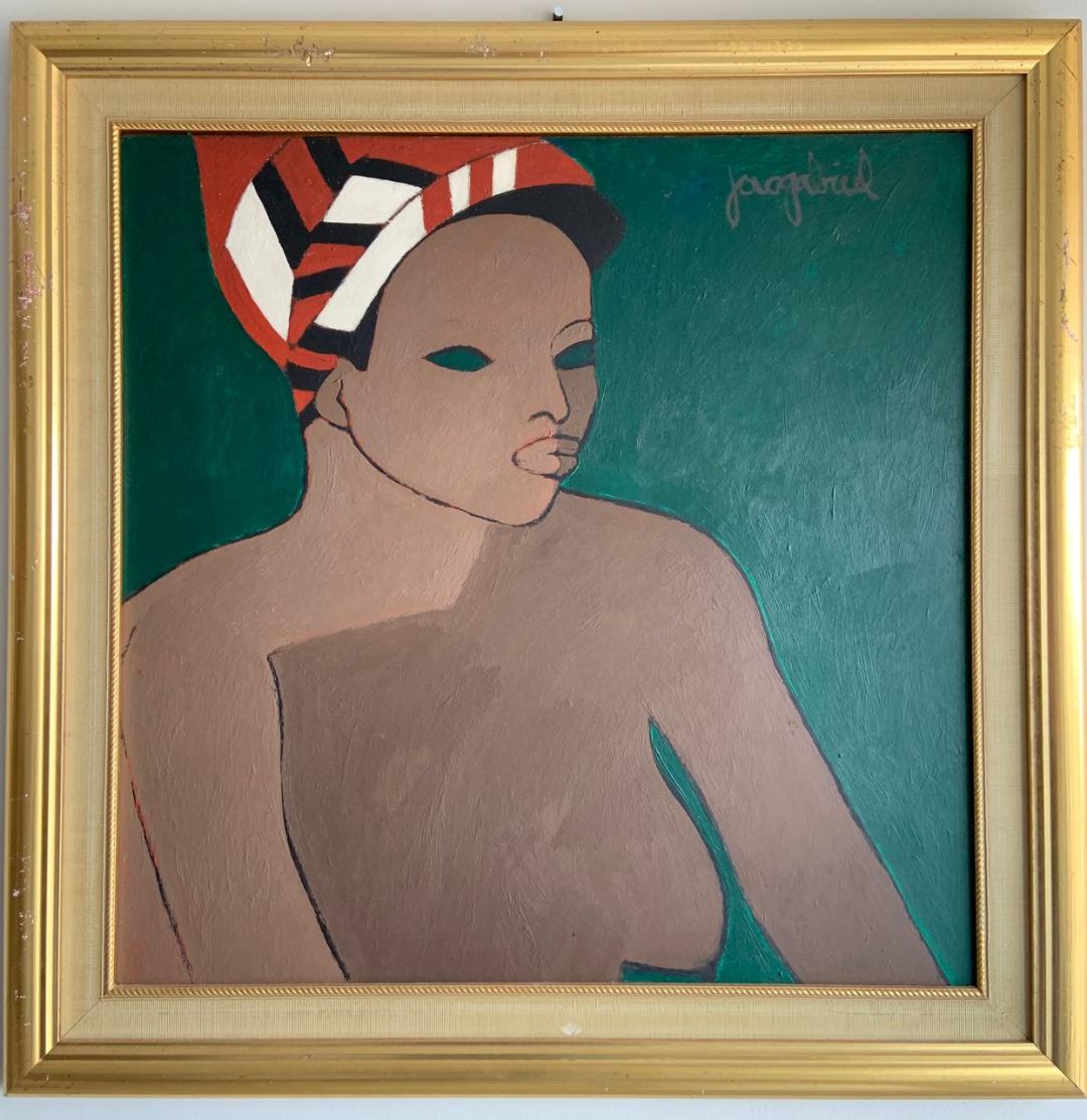 Jacques Gabriel (1934-1988)  24"x24" Portrait Of A Woman with Turban  Oil on Masonite Framed Painting #1GSN-MIA