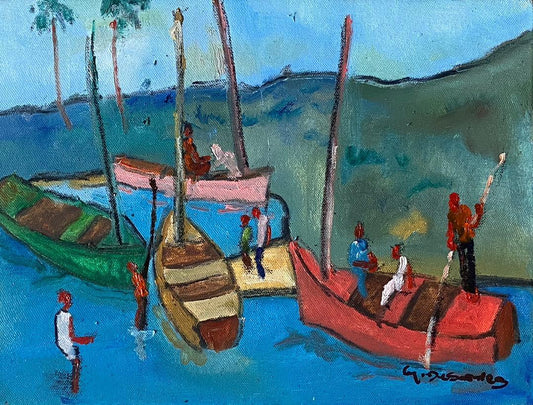 Georges Desarmes 9"x12" Quatre bateaux côtiers 2023 Huile sur toile Peinture non encadrée #3JN-HA