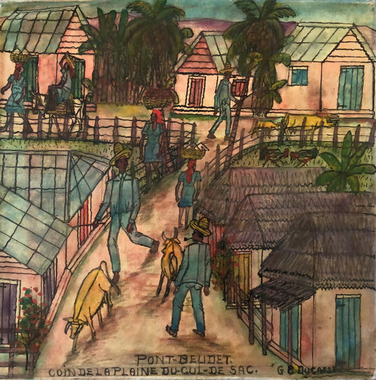 Pont Beudet – Coin de la Plaine du Cul-de-Sac painting by Gervais Emmanuel Ducasse, circa 1970s, Haitian rural village scene, oil on board, 24x24 inches.