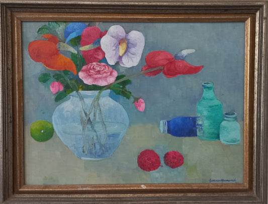 Gesner Armand (1936-2008) 12"x16" Vase of Flowers & Glasses  1960s Oil on Board Framed Painting #1MES