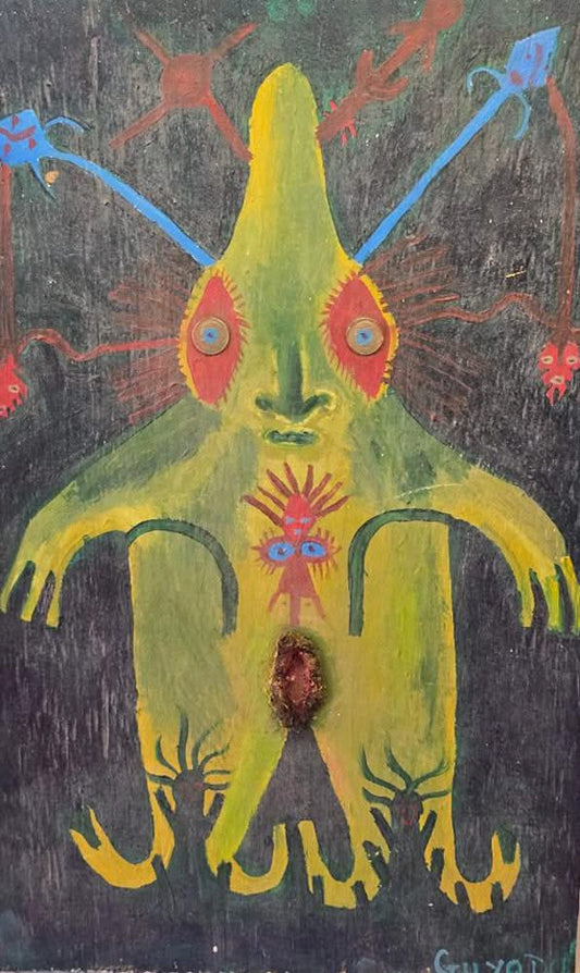 Guyodo original Vodou spirit figure painting on board, a green and yellow figure with red eyes and blue arms on a dark ground