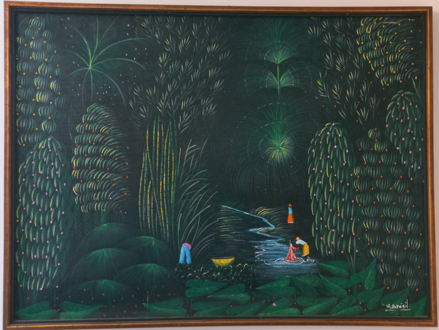 Henri-Robert Bresil (1952-1999) 24"x32" Paysage vert, rivière et paysans des années 1980 Huile sur toile Peinture encadrée #1MES
