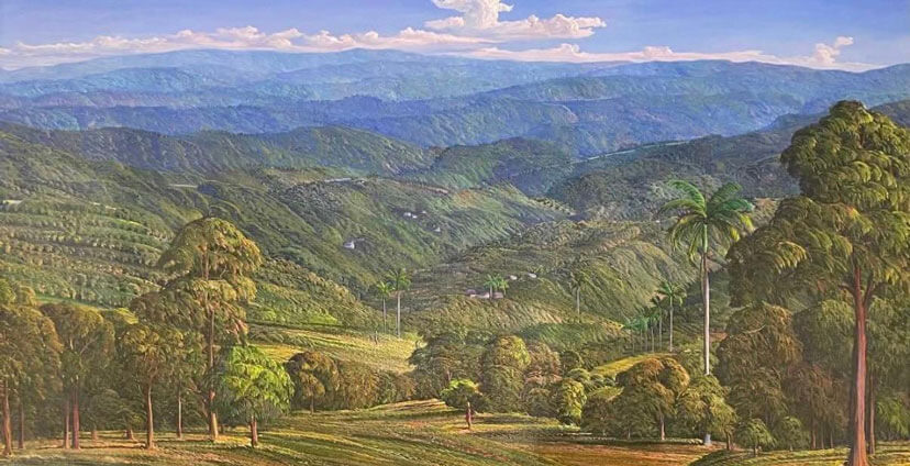 Haitian landscape painting with rolling green hills and trees