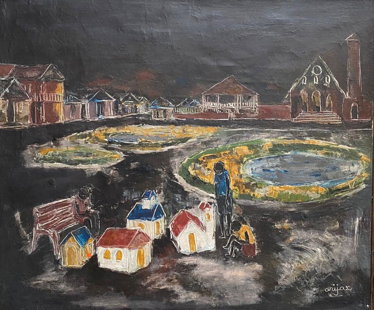 Harry Jacques Haitian village night painting with children and miniature houses near church, encaustic on canvas 20 × 24 inches.
