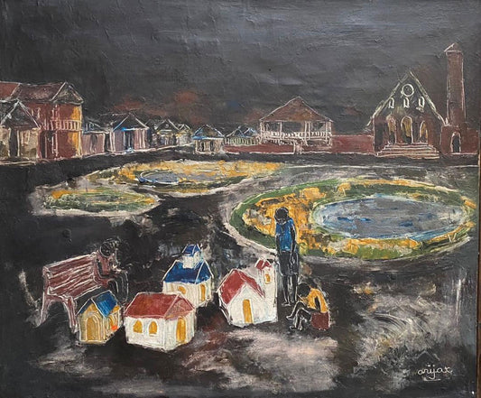 Harry Jacques Haitian village night painting with children and miniature houses near church, encaustic on canvas 20 × 24 inches.
