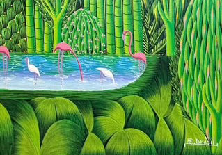 Henri-Robert Bresil (1952-1999) 30"x40" Oiseaux volants, Ibis, Pélicans c1990 Huile sur toile #3GSN-MIA