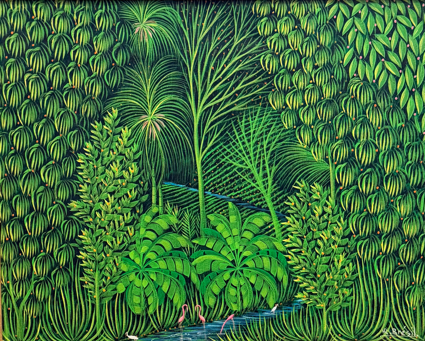 Henri-Robert Brésil Tropical Paradise oil on canvas depicting dense tropical foliage, palm trees, flamingos, birds, and a lush Caribbean landscape with a winding stream.