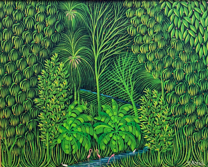 Henri-Robert Brésil Tropical Paradise oil on canvas depicting dense tropical foliage, palm trees, flamingos, birds, and a lush Caribbean landscape with a winding stream.