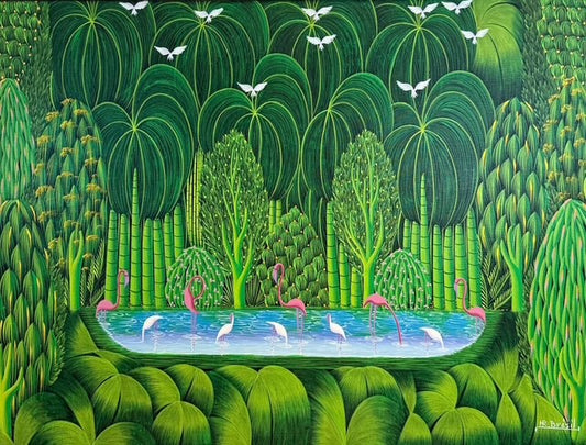 Colorful illustration of a tropical scene with flamingos, birds, and lush greenery.