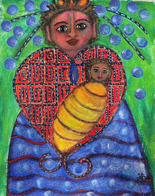 Heza Barjon 15"x12" Erzulie & Child (Yellow) 2022 Acrylic on Canvas Painting #4-JSB-NY
