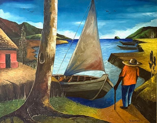 Sailboat by the Shore by J.E. Gourgue, 1960 Haitian modernist oil painting.