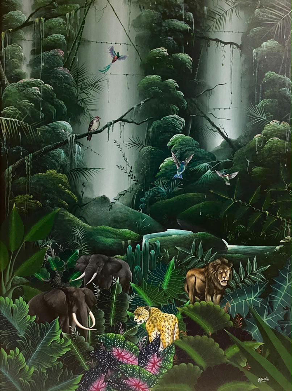 Jacques Geslin Rainforest Paradise oil on canvas painting with elephants, lion, and leopard in lush jungle