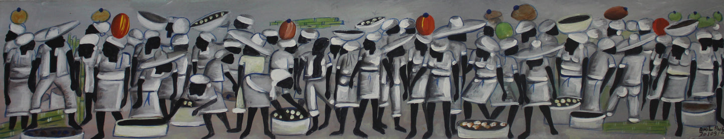 Jean Amil Augustin 7.87"x39.37" Market Procession 2012 Oil on Canvas Unframed Painting #8CFS