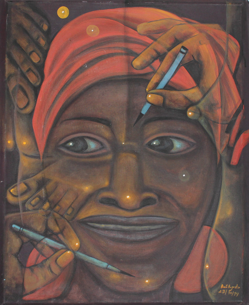 Artistic depiction of a face with hands applying makeup, featuring warm colors and abstract elements.