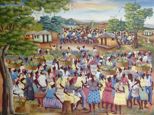 Jean-Claude Blanc 30"x40" Village Market & Festival Scene c. 2000 Oil on Canvas Unframed Painting #1230GN-HA