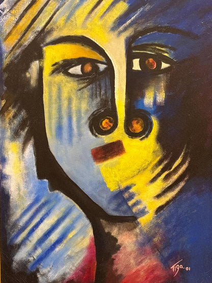 Jean-Claude Garoute Tiga 2001 Vodou abstract portrait, 36x24 acrylic on canvas with blue, yellow and black expressionist face, signed lower right.
