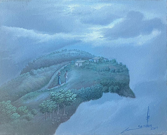Jean-Louis Sénatus Dreamy Landscape oil on canvas 8x10 Haitian countryside misty blue sky cliff path with small figures signed artwork unframed