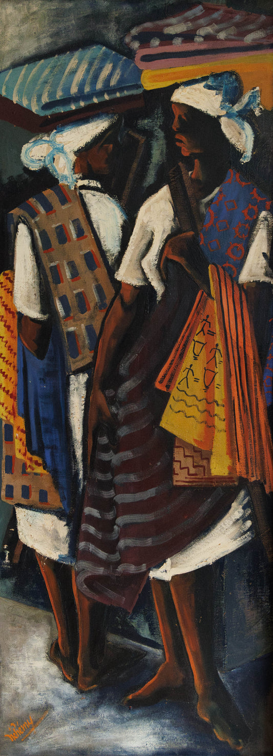 Jean Néhémy Haitian market women painting oil on canvas with figures carrying goods, modern Haitian art, Connecticut private collection.