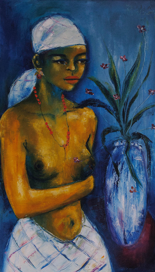 Jean René Jérôme painting of seated woman with headscarf and red necklace beside blue vase, oil on canvas 29.5 x 17.5 inches, Connecticut collection