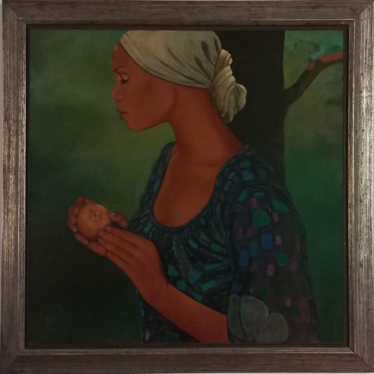 Jean-Claude Legagneur 33"x33 » Femme au turban épluchant un fruit 1979 Acrylique sur toile Peinture encadrée #1MES