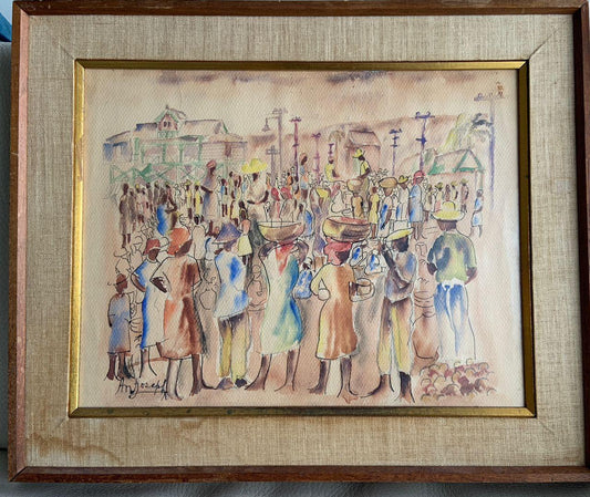 Antonio Joseph (1921-2016) 13.50"x17.50" Busy Market Scene c1945-46 Watercolor on Paper  #1GSN-MIA
