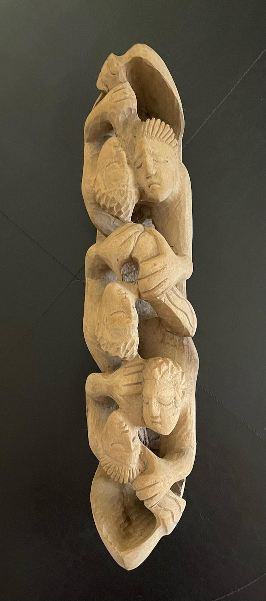 Nacius Joseph 18"L x 3"W x 5"H Five Boat People Hand-Carved Mahogany Wood Sculpture #2MFN