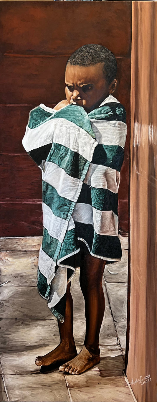 Sophia Lacroix 40"x15"x1.5 » « Toweling Off » 2022 Galerie enveloppée style huile sur toile peinture #1SL