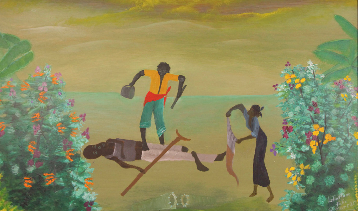 Lafortune Felix (Haitian, 1933-2016) 17"x29.5" The Robbery 1985 Acrylic on Masonite Painting-Unframed #1TP