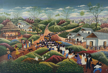 Lamarre Sanon 1994 Haitian funeral procession painting, crowd carrying coffins through lush hills and village homes, 20x30 oil on canvas
