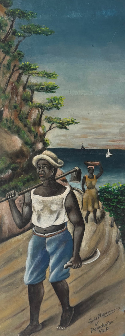 19th century Haitian oil on masonite painting by Louis Vassor inscribed “Joseph” and “Port-de-Paix, Haiti,” depicting coastal figures and sailboats.