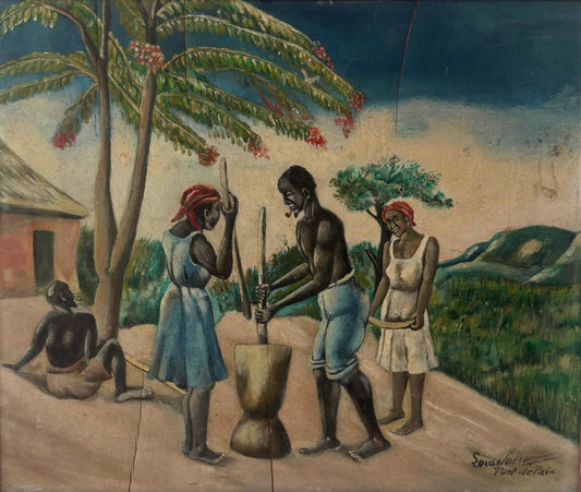 19th-century Haitian oil painting by Louis Vassor depicting rural labor figures pounding grain in Port-de-Paix, signed oil on board, early Haitian art