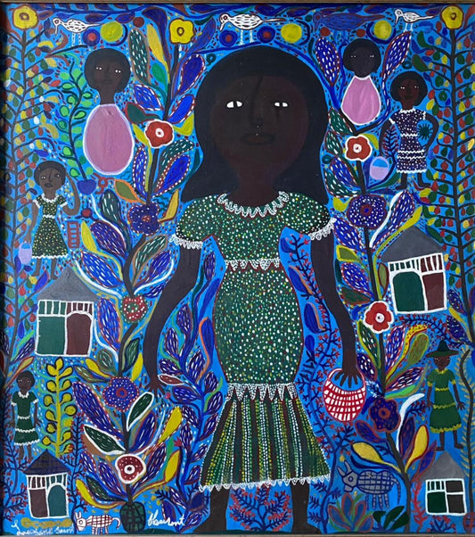 Louisane Saint Fleurant (Haitian, 1924-2005) 40"x36" Woman in Floral Garden c1980 Acrylic on Canvas Unframed Painting #1JN-HA