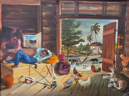 Louverture Poisson oil on canvas depicting a rural Haitian home interior with figures, chickens, livestock, palm trees, and everyday countryside life.