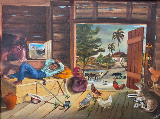 Louverture Poisson oil on canvas depicting a rural Haitian home interior with figures, chickens, livestock, palm trees, and everyday countryside life.