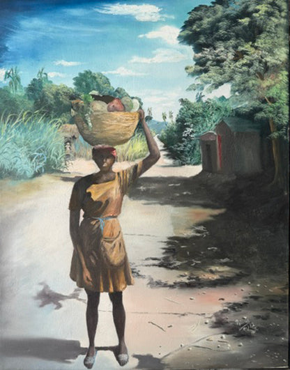 Louverture Poisson (1914-1985) 30" x24" Market Woman 1972 Oil on Canvas Unframed Painting #1SC