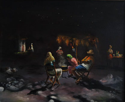 Louverture Poisson Haitian painting of figures seated around a fire at night, oil on canvas 20 x 24 inches, atmospheric rural scene with hut and torchlight