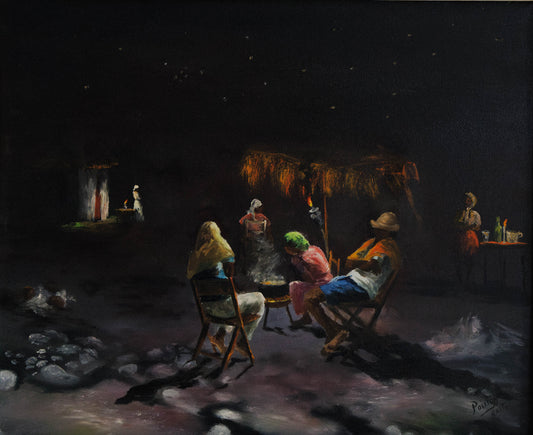 Louverture Poisson Haitian painting of figures seated around a fire at night, oil on canvas 20 x 24 inches, atmospheric rural scene with hut and torchlight