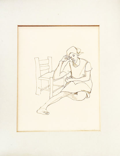 Luce Turnier (1924-1995) 11"x9" The Pensive Lady 1987 Drawing with Crayon  Framed#1GSN-NY