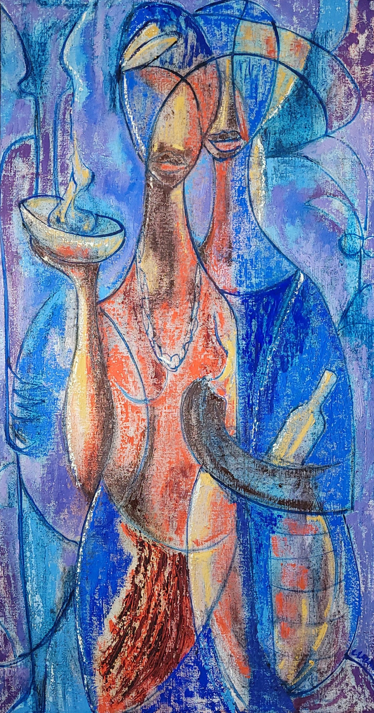 Abstract artwork of a figure holding a bowl with a candle and a tray.