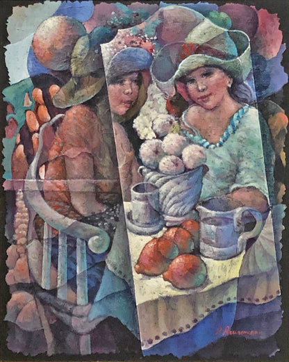 Lyonel Laurenceau 30"x24" Young Women Having Lunch 1991 Acrylic on Canvas Unframed Painting #2FC