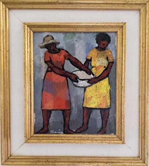 Manes Descollines (1936-1985) 10"x8" The Fight 1979 Acrylic on Masonite Framed Painting #1MB