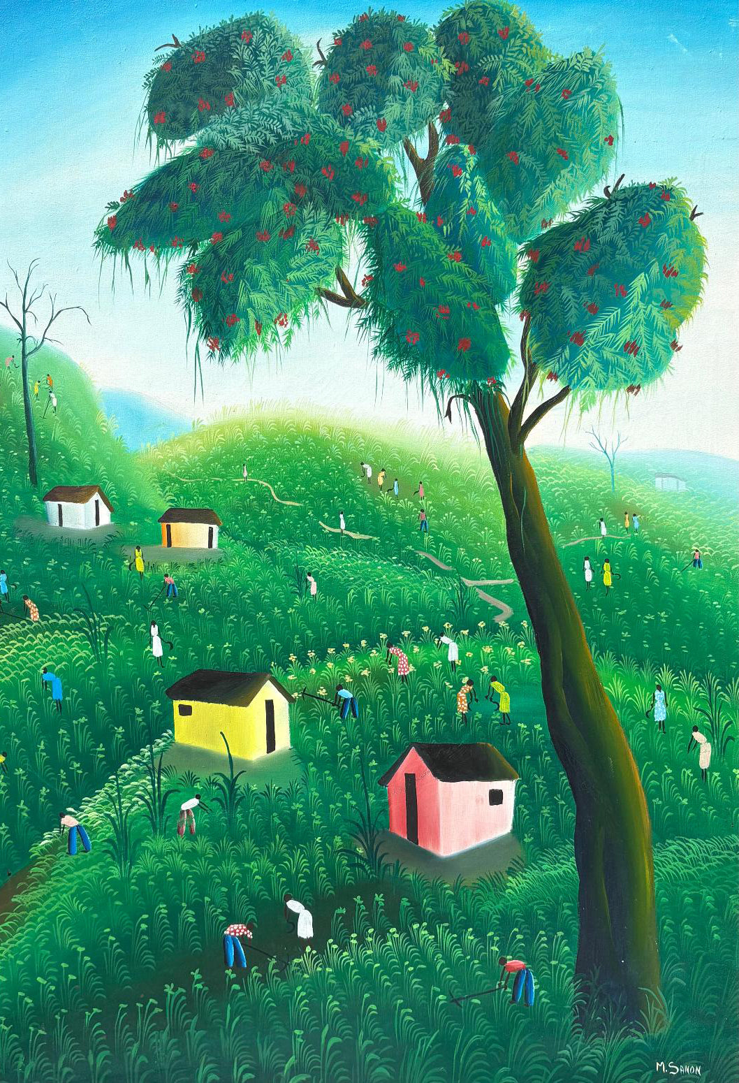Marceau Sanon oil painting of a Haitian hillside village with colorful houses, farmers, and a large flowering tree, signed lower right
