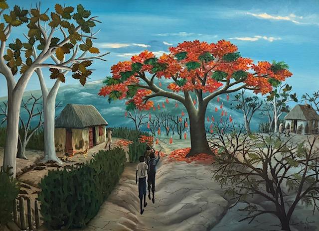 Village Path under the Flamboyant Tree, original oil on canvas by Haitian artist Max Gerbier, 40 x 29.5 inches, unframed, from a private Miami collection.