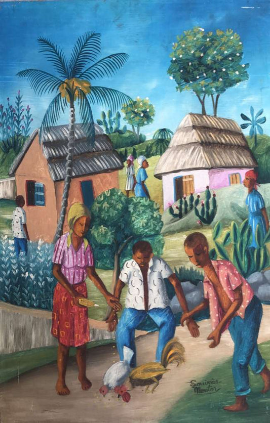 Louines Mentor painting of Haitian villagers feeding chickens near houses, oil on board, 24x16 inches, unframed.