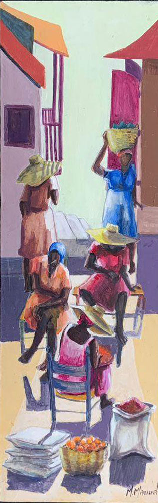 Michèle Manuel Haitian market scene painting with seated women, standing figure with basket, and produce, acrylic on board 24 x 8 inches, private collection of Georges S. Nader New York