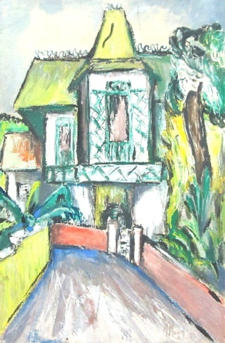 Michele Manuel (1935-2022) Maison en pain d'épice 11"x18" 1961 Acrylique sur papier à bord #J304